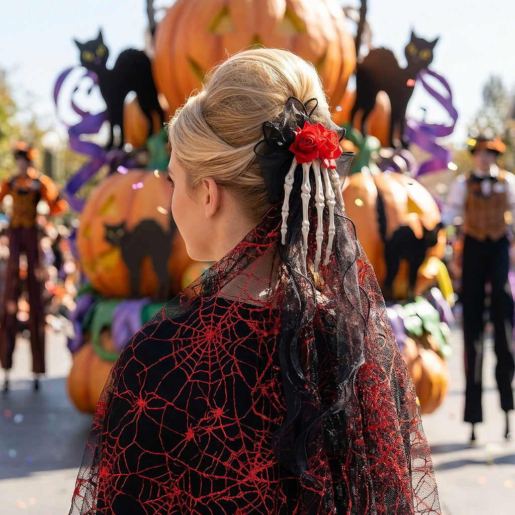 Skull‑Hand Rose Tulle Hair Clip