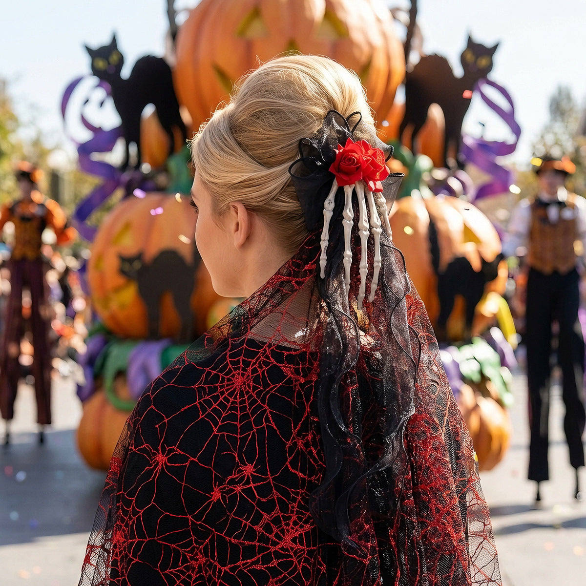 Skull‑Hand Rose Tulle Hair Clip